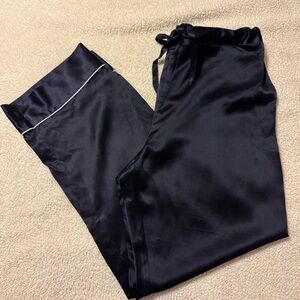 Lily Silk Navy Blue Chic Trimmed Mulberry Silk Pajama Pants Wide Relaxed Leg